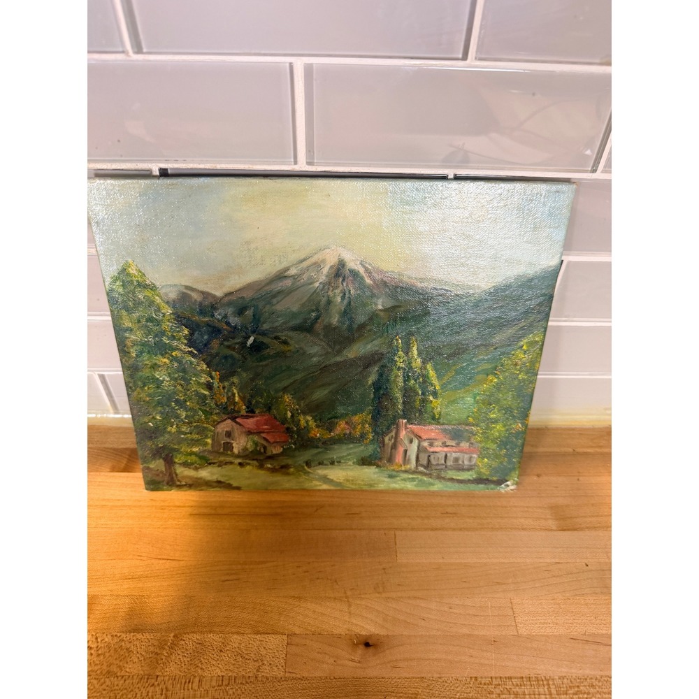 Vintage Mountain Landscape Oil Painting Cabins Valley Scene Canvas Board 8x10
